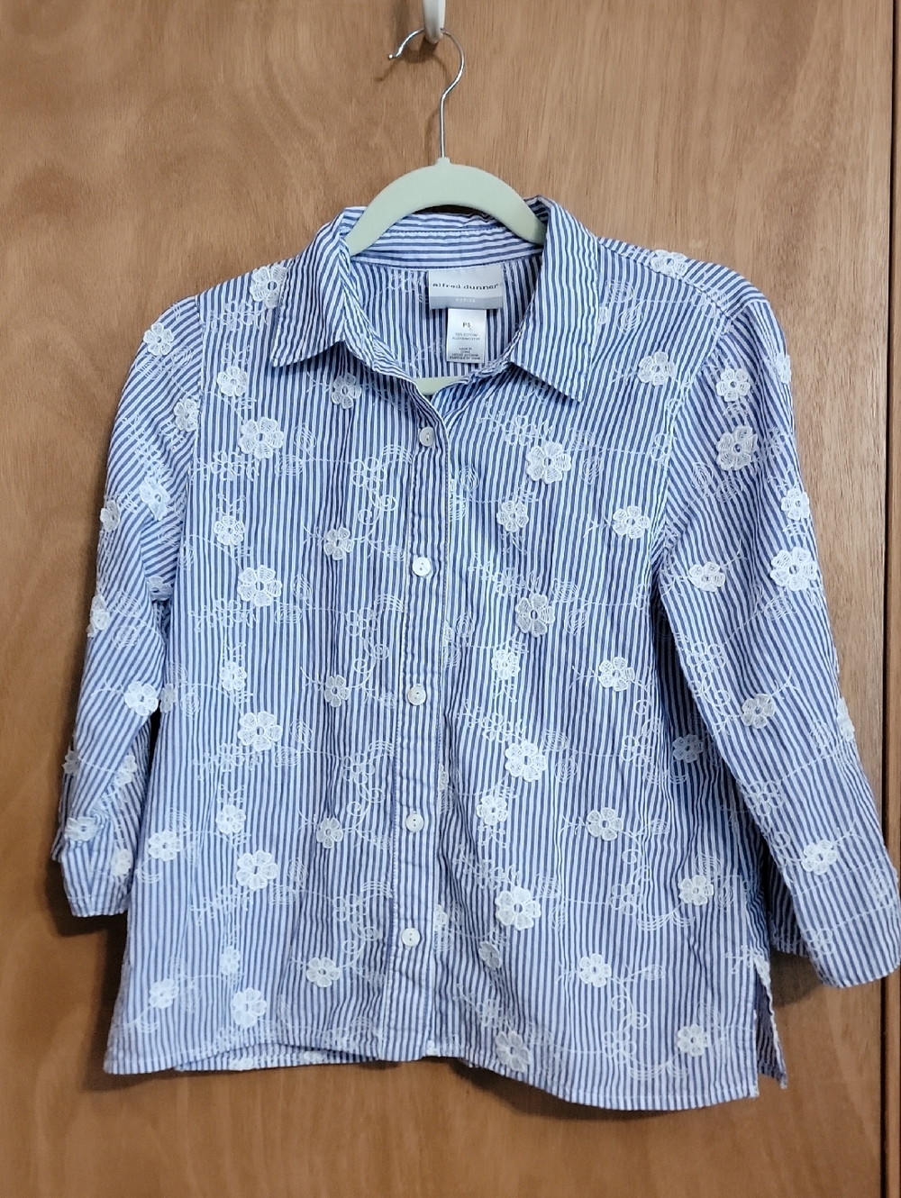 Alfred Dunner Blue and White Striped Button-Down with Floral Embroidery